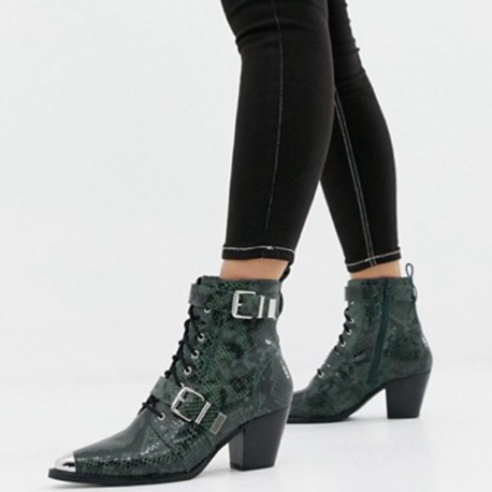 ASOS Green Snake Print Ankle Boots - Picture 2 of 8